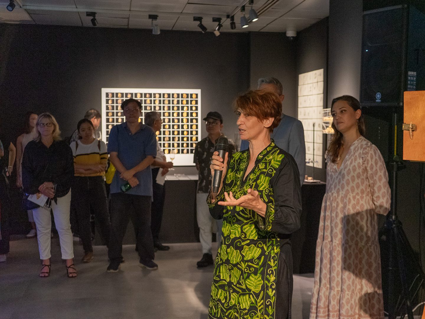 A person making a speech in front of a group of people