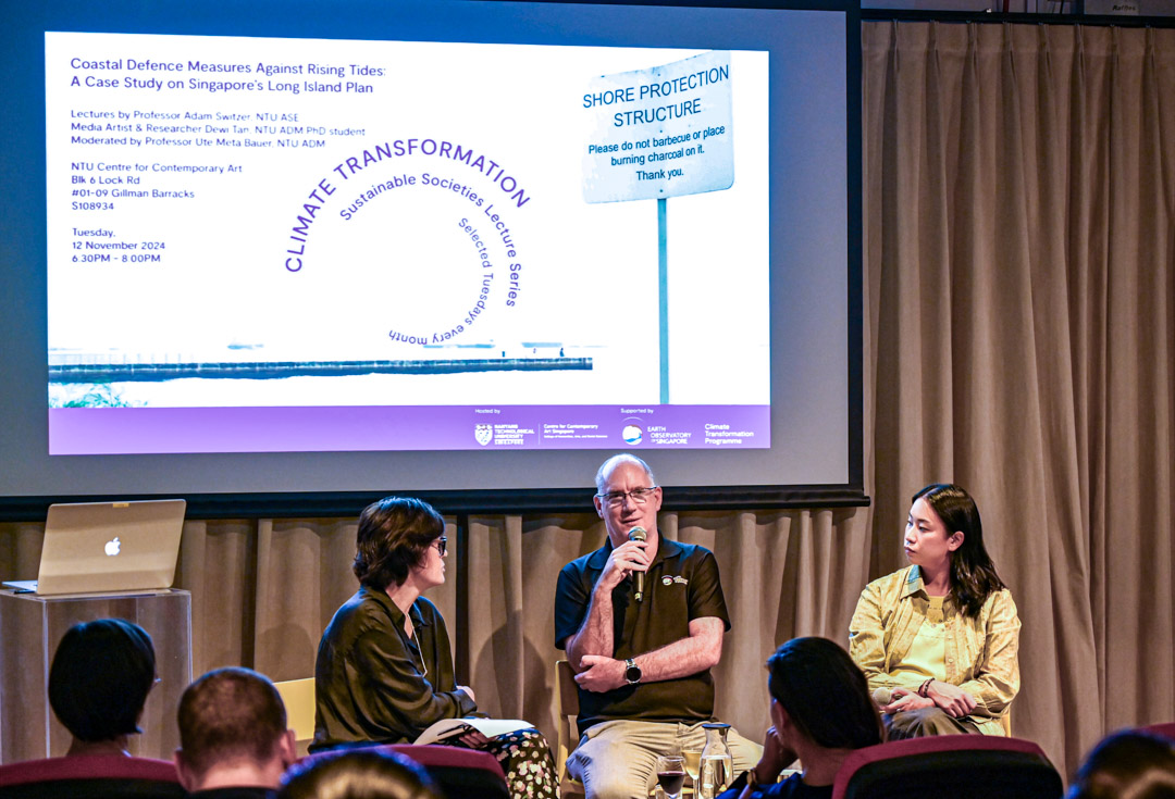 Lecture: Coastal Measures for Rising Tides: A Case Study on Singapore's Long Island Plan by Professor Adam Switzer, Dewi Tan, moderated by Professor Ute Meta Bauer, Climate Transformation: Sustainable Societies Lecture Series, Climate Transformation Programme, 12 November 2024, 6.30 - 8.00pm, NTU Centre for Contemporary Art Singapore. Courtesy NTU CCA Singapore.