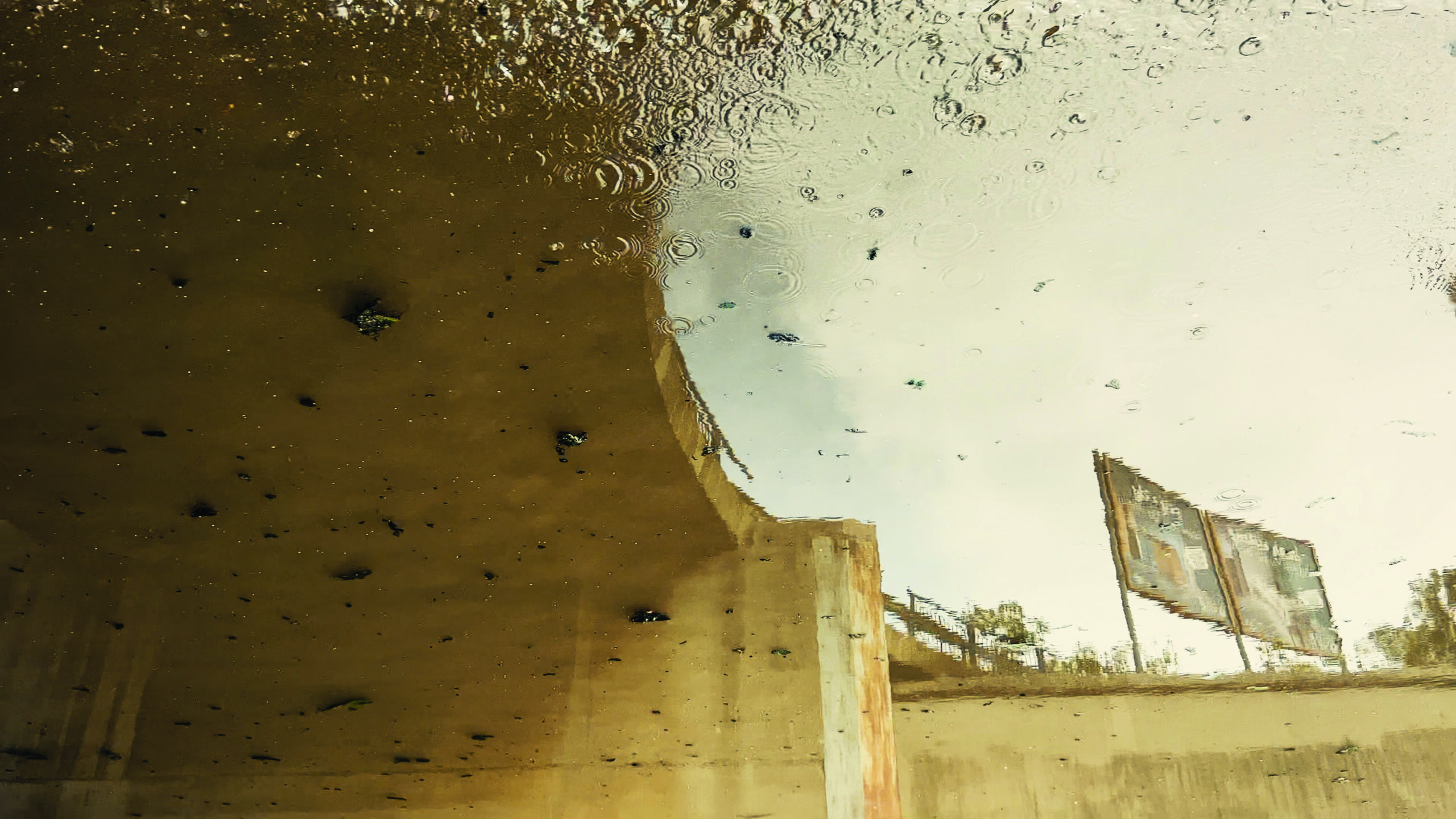 Reflection of urban environment in murky water.