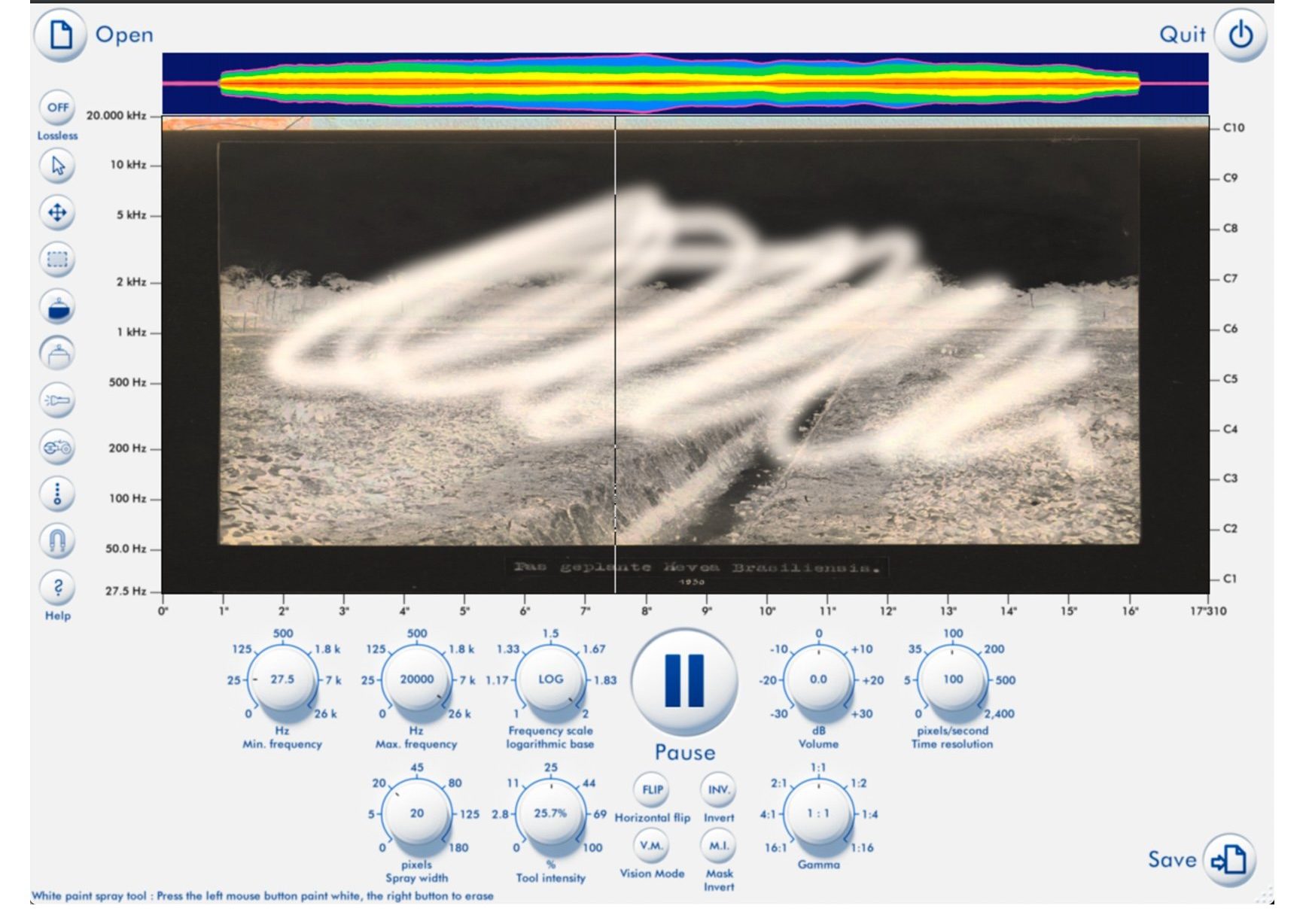 The image is further processed by making direct ‘graffiti’ edits, which manipulates how the sound notes are read between the bright and dark areas of the image.